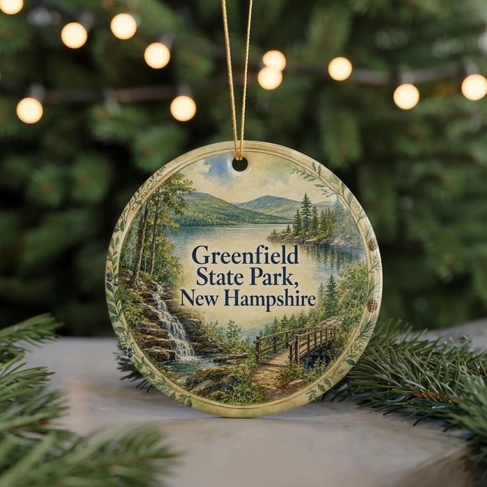 A round ornament with a scenic landscape of a lake, mountains, and a waterfall, surrounded by greenery, hangs in front of a blurred background with twinkling lights.