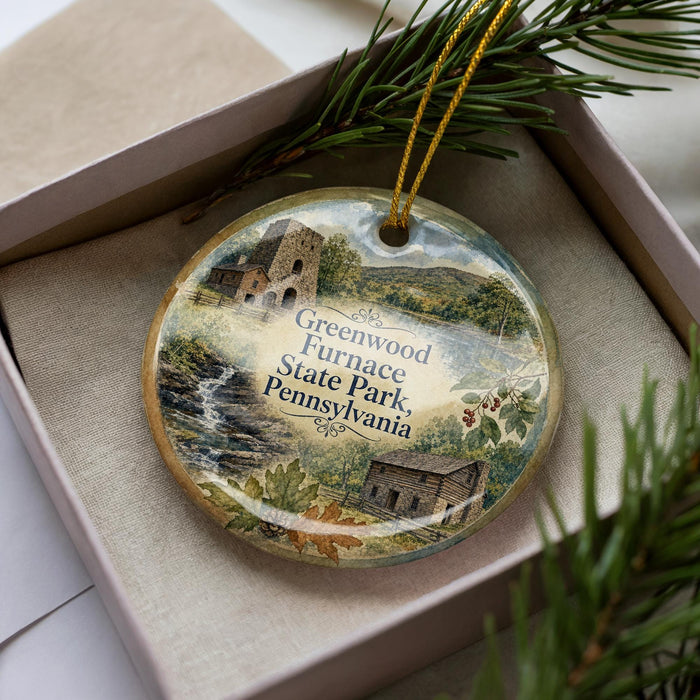 A decorative ornament in a box, featuring illustrations of a fireplace, a cabin, and a stream, with the text "Greenwood Furnace State Park, Pennsylvania" printed on it.