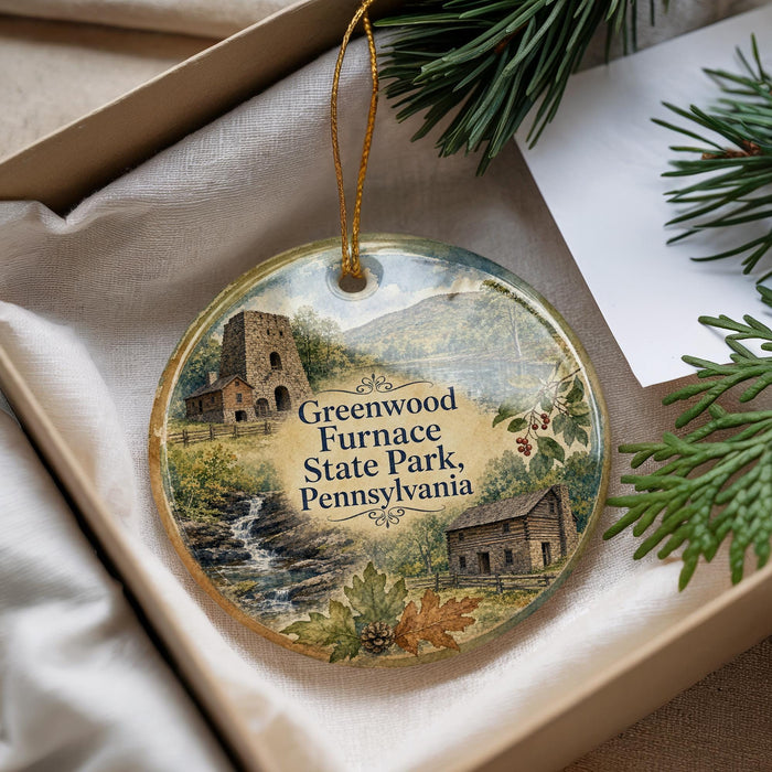 A decorative ornament with a scenic image of the Greenwood Furnace State Park in Pennsylvania, featuring a castle, a waterfall, and a cabin.
