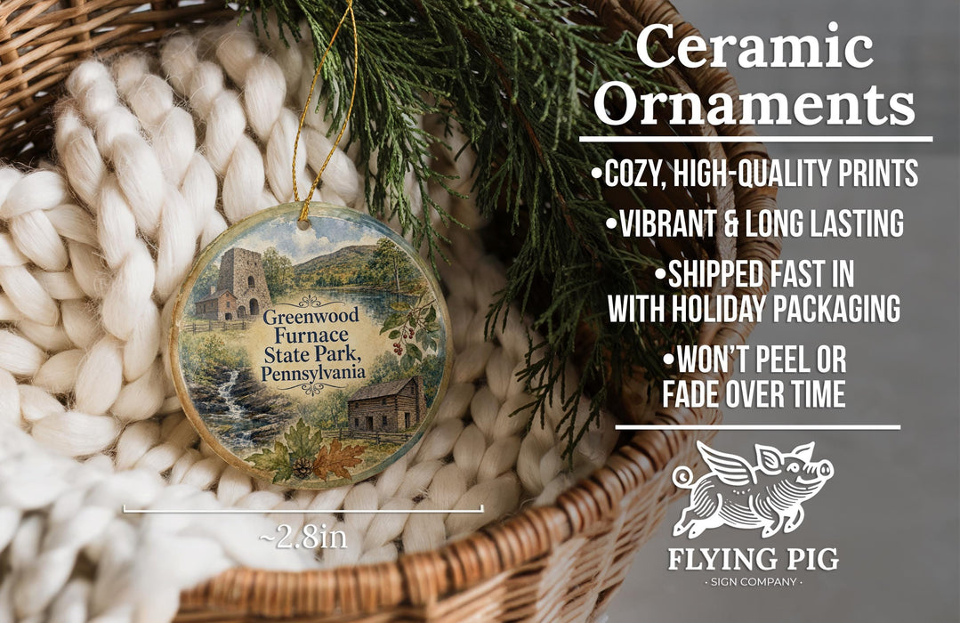 Ceramic ornaments, featuring a detailed image of a fireplace in Pennsylvania, are displayed in a basket. The text highlights the ornaments as "Ceramic Ornaments" with a description of their features, including "Cozy, High-quality Prints", "Vibrant & Long Lasting", "Shipped Fast in with Holiday Packaging", and " Won't Peel or Fade Over Time".