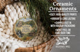 Ceramic ornaments, featuring a detailed image of a fireplace in Pennsylvania, are displayed in a basket. The text highlights the ornaments as "Ceramic Ornaments" with a description of their features, including "Cozy, High-quality Prints", "Vibrant & Long Lasting", "Shipped Fast in with Holiday Packaging", and " Won't Peel or Fade Over Time".