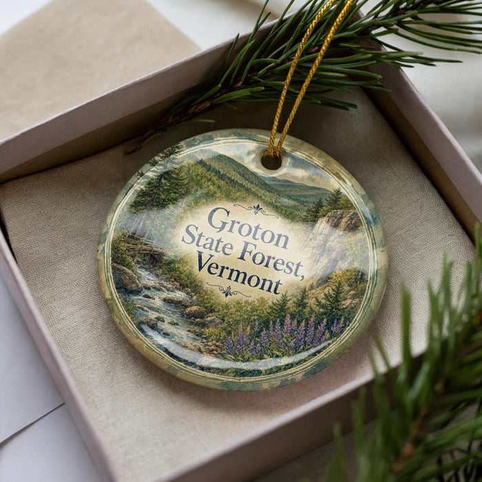A round ornament with a scenic landscape of the Groton State Forest in Vermont, featuring a river, mountains, and pine trees.