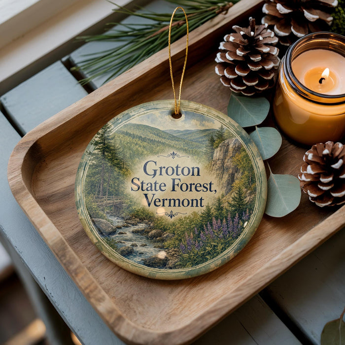 A wooden tray with a decorative ornament featuring a scenic forest landscape, pine cones, and a lit candle.