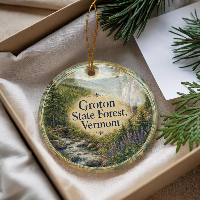 A round ornament with a scenic image of the Groton State Forest in Vermont, featuring a stream and pine trees.