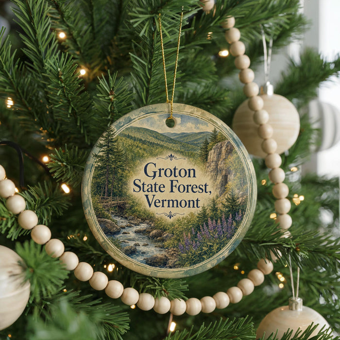 A round ornament hanging on a Christmas tree, featuring a scenic image of the Groton State Forest in Vermont.