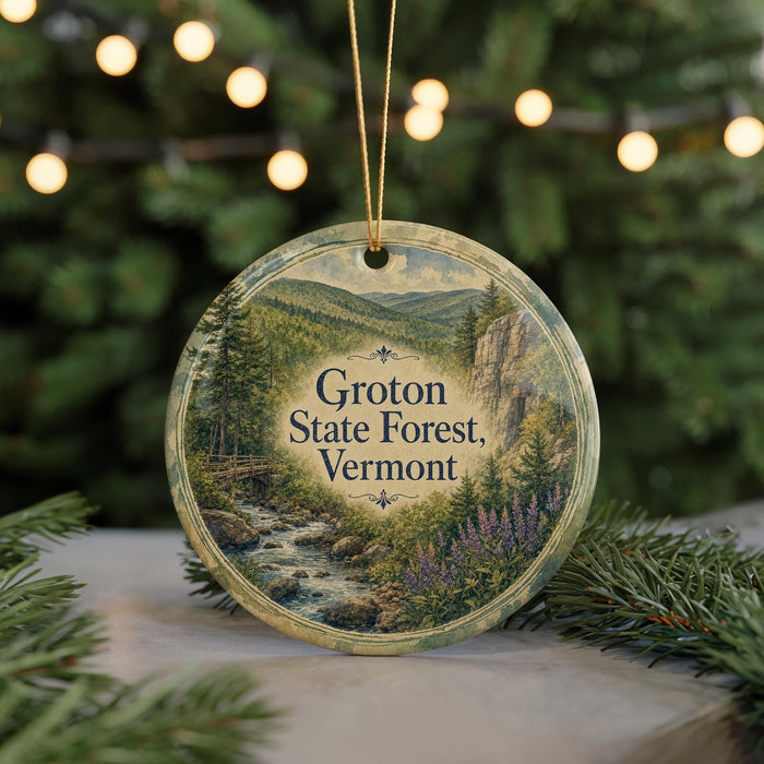 A round ornament with a scenic image of the Groton State Forest in Vermont, featuring a stream and pine trees.