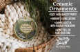 Ceramic ornaments, featuring a scenic image of the Groton State Forest in Vermont, are displayed in a woven basket.