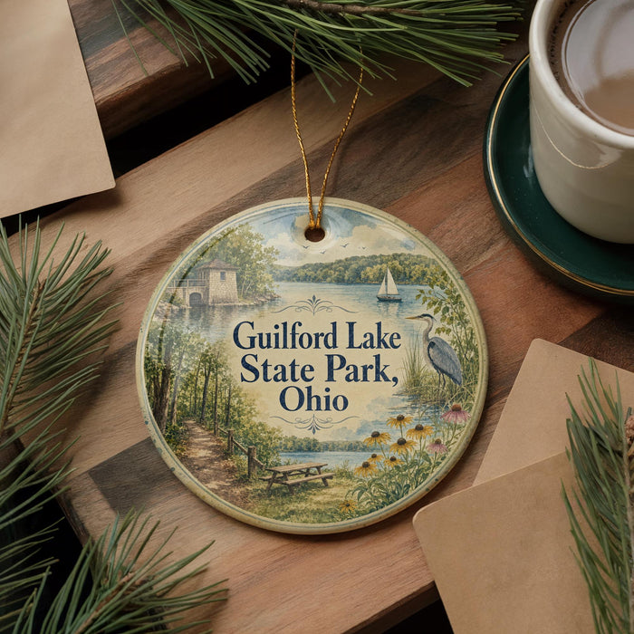 A decorative ornament featuring a scenic image of Guilford Lake State Park, Ohio, with a bird and a picnic table in the foreground.