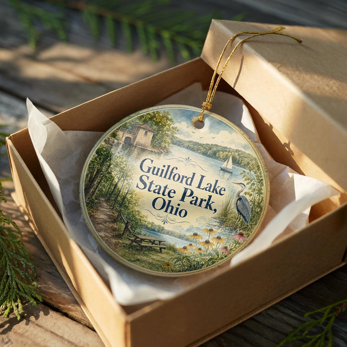 A decorative ornament in a box, featuring a scenic landscape with a lake, park, and a bird, along with the text "Guilford Lake State Park, Ohio".