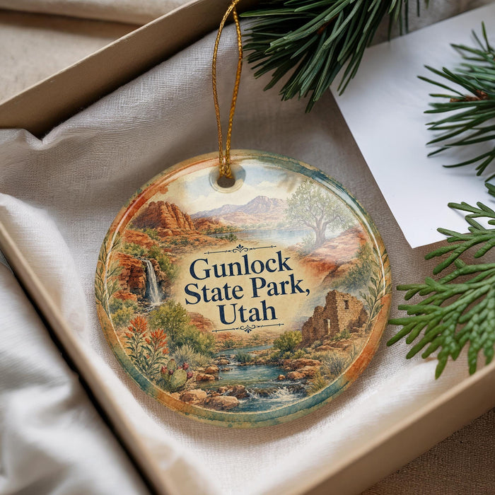 A decorative ornament with a scenic landscape of Gunlock State Park, Utah, featuring a waterfall and mountains.