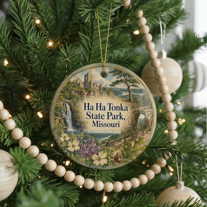 A round ornament hanging on a Christmas tree, featuring a scenic image of Ha Tonka State Park, Missouri.