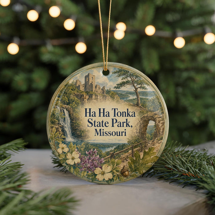 A circular ornament with a scenic landscape of Ha Ha Tonka State Park, Missouri, featuring a castle, waterfall, and greenery.