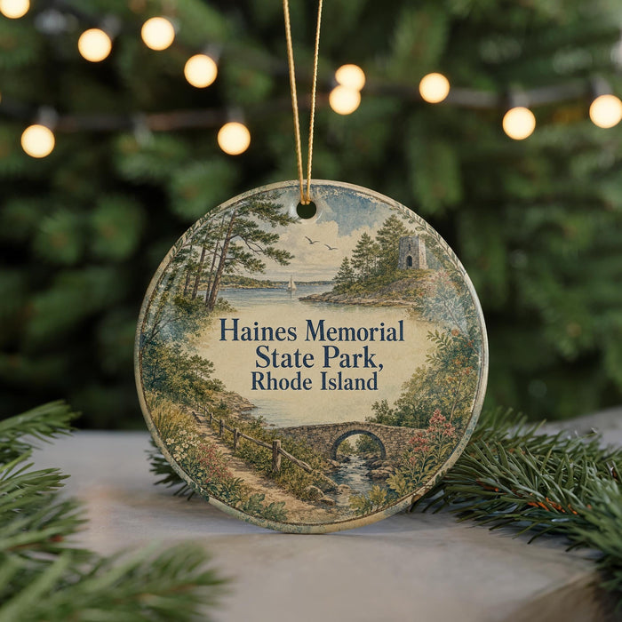 A round ornament with a scenic landscape depicting Haines Memorial State Park, Rhode Island, hanging from a string.