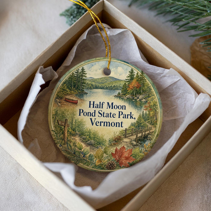 A round ornament with a scenic landscape of Half Moon Pond State Park, Vermont, displayed in a box with a white tissue paper lining.