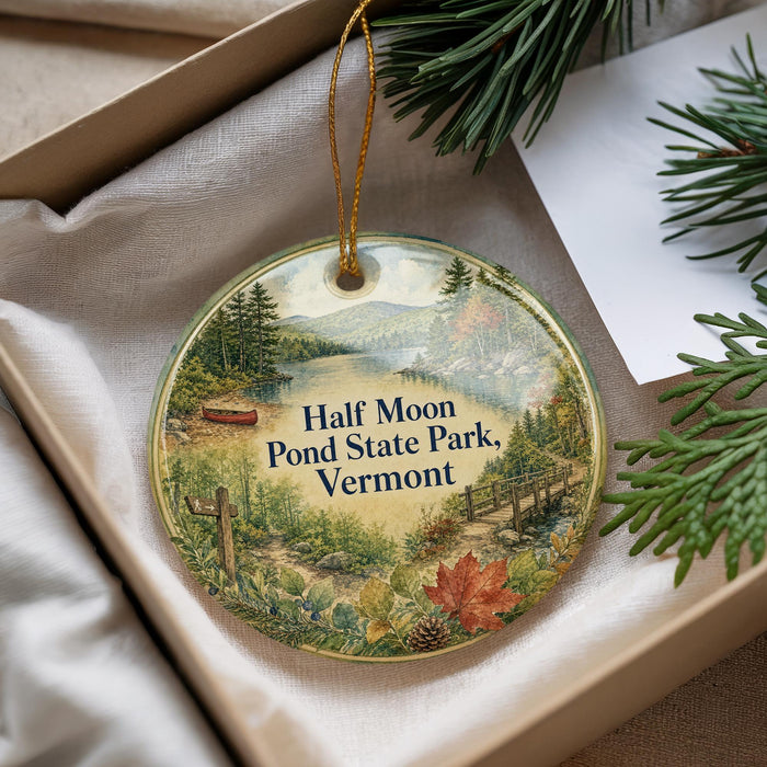 A decorative ornament with a scenic landscape of Half Moon Pond State Park, Vermont, featuring a lake, forest, and mountains.