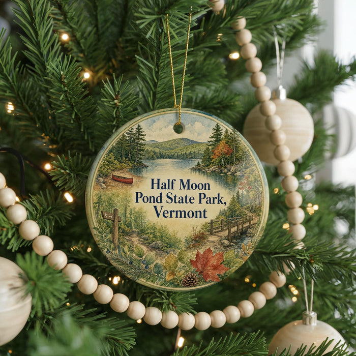 A round ornament hanging on a Christmas tree, featuring a scenic landscape with a lake, forest, and mountains.