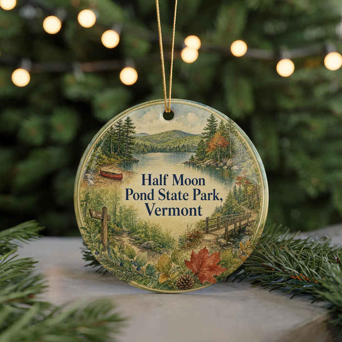 A round ornament with a scenic image of Half Moon Pond State Park in Vermont, featuring a lake, forest, and a bridge.