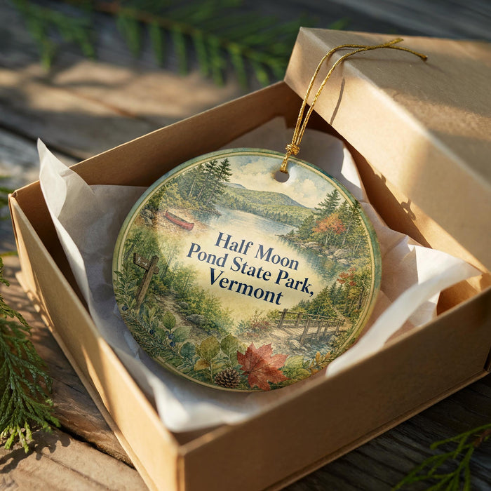 A decorative ornament in a box, featuring a scenic landscape with a lake, forest, and mountains.