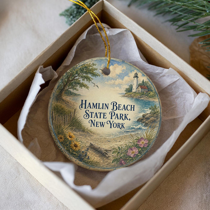 A decorative ornament in a box, featuring a lighthouse and a scenic landscape, with the text "HAMILTON BEACH STATE PARK, NEW YORK" printed on it.