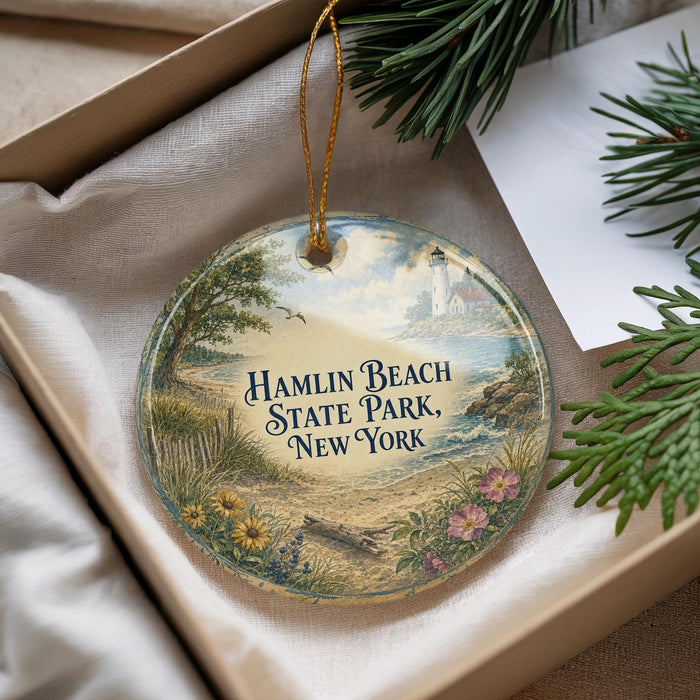 A decorative ornament with a scenic landscape of Hamlin Beach State Park, New York, featuring a lighthouse and a beach, is displayed in a box with pine branches.