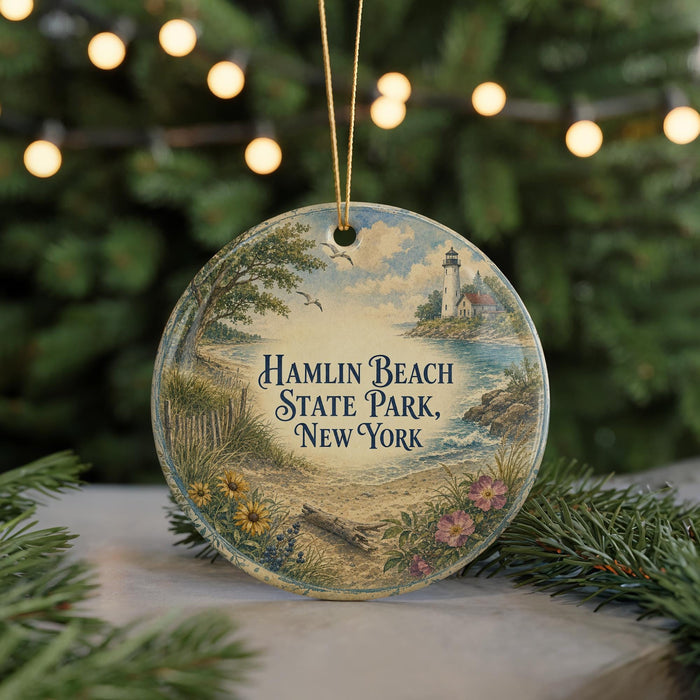 A round ornament with a lighthouse and beach scene, surrounded by greenery and a string of lights.