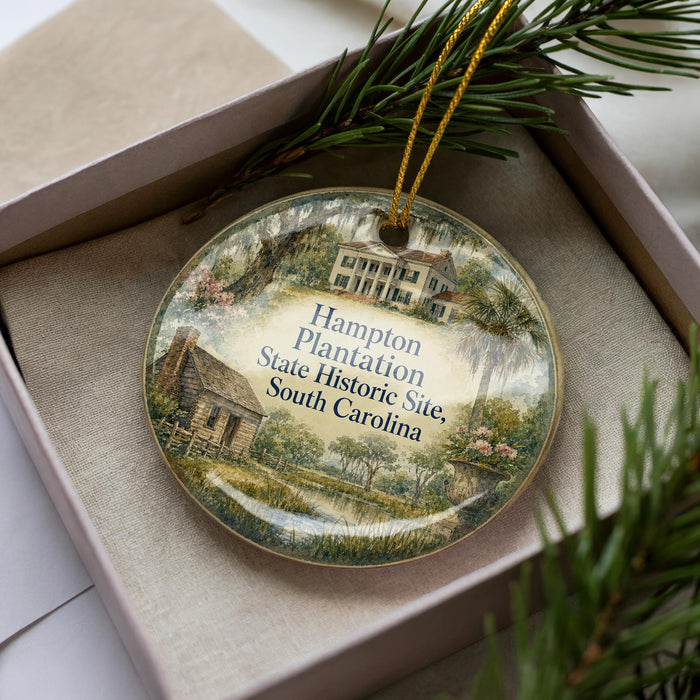 A decorative ornament with a house and palm trees, placed in a box with pine branches.