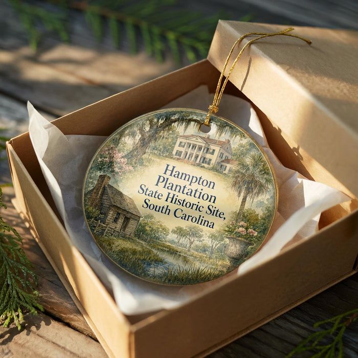 A decorative ornament in a box, featuring a painting of a historic plantation house surrounded by trees and greenery.