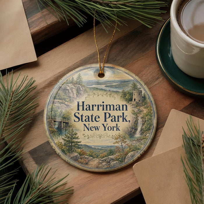 A decorative ornament with the text "Harriman State Park, New York" on it, surrounded by pine branches and a cup of coffee on a wooden surface.