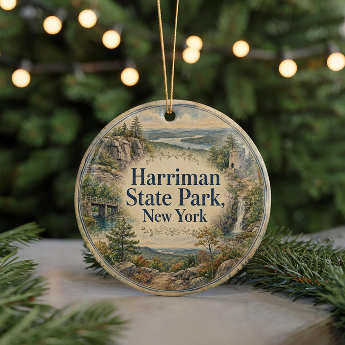 A circular ornament with a scenic landscape of Harriman State Park, New York, featuring a bridge, trees, and a waterfall.