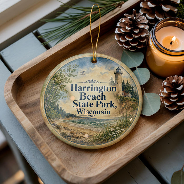 A decorative ornament featuring a lighthouse and a scenic landscape, placed on a wooden tray alongside pine cones and a lit candle.