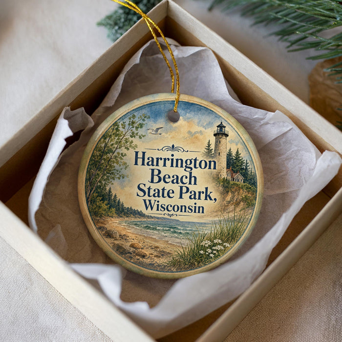 A decorative ornament in a box, featuring a lighthouse and a scenic landscape, with the text "Harrington Beach State Park, Wisconsin" printed on it.