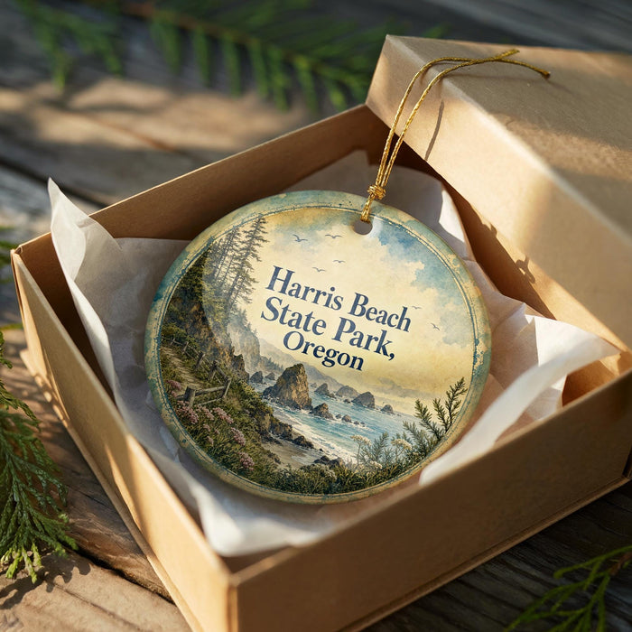 A round ornament in a box, featuring a scenic landscape of Harris Beach State Park, Oregon.