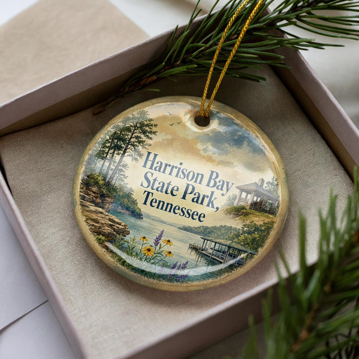 A decorative ornament in a box, featuring a scenic landscape with a lake, trees, and a house, with the text "Harrison Bay State Park, Tennessee" printed on it.
