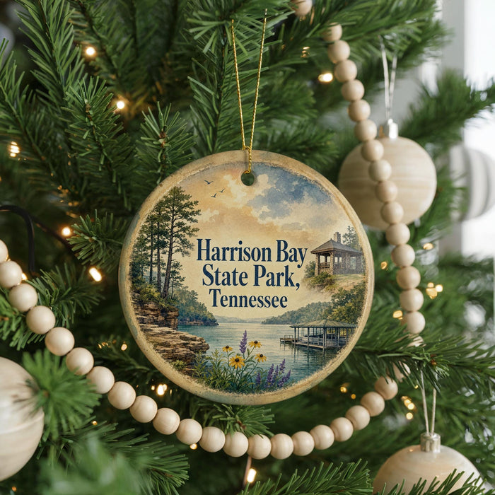 A round ornament hanging on a Christmas tree, featuring a scenic image of Harrison Bay State Park in Tennessee.
