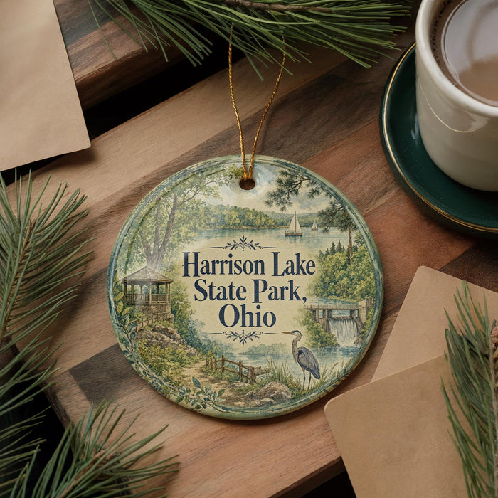 A round ornament with a scenic illustration of Harrison Lake State Park, Ohio, featuring a bird, a gazebo, and a lake surrounded by trees.