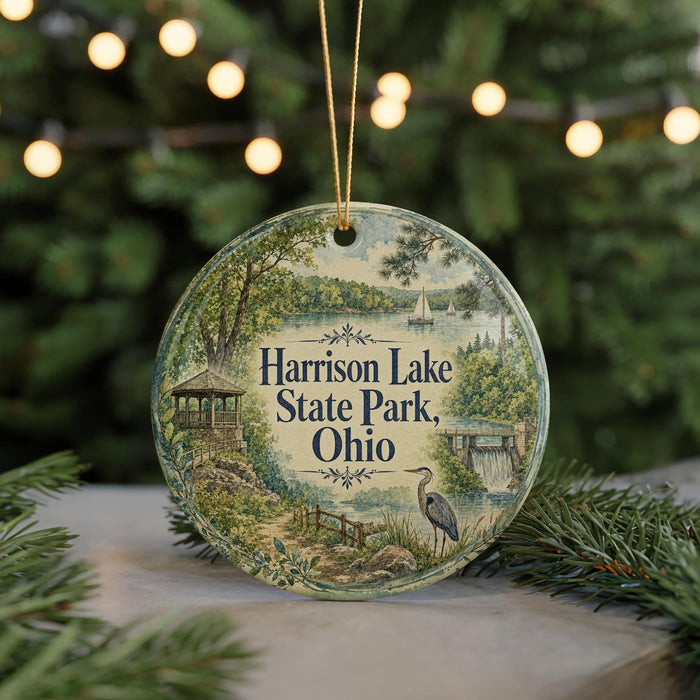 A round ornament with a scenic illustration of Harrison Lake State Park, Ohio, featuring a bird, a gazebo, and a lake surrounded by trees.