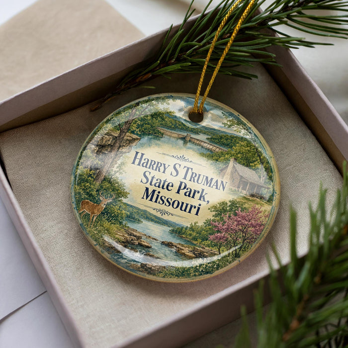 A decorative ornament in a box, featuring a scenic landscape with a river, trees, and a deer.