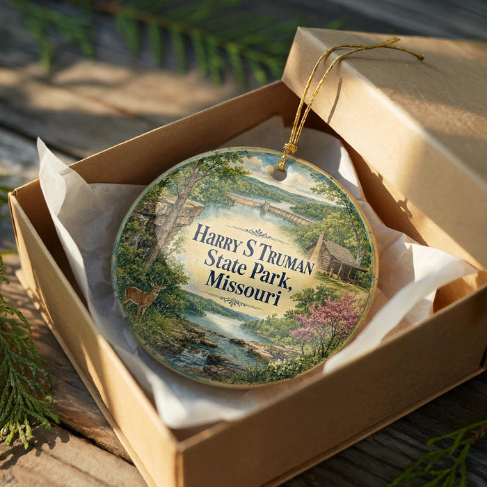 A decorative ornament in a box, featuring a scenic landscape with a river, trees, and a bridge.