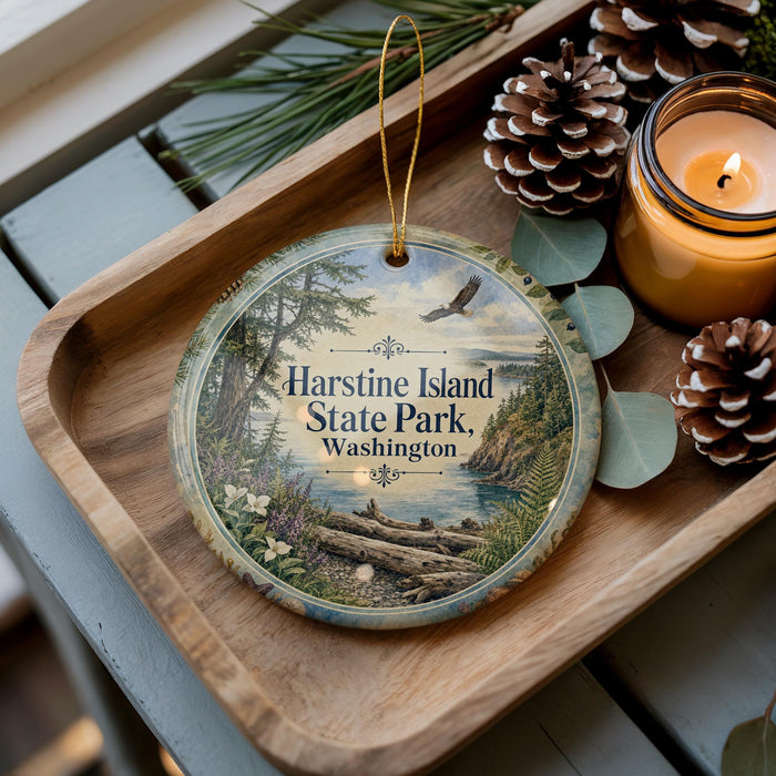 A wooden tray with a decorative ornament featuring a scenic landscape of Harstine Island, Washington, accompanied by pine cones and a lit candle.