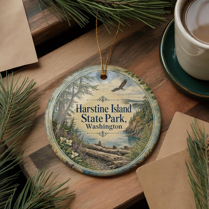 A round ornament with a scenic image of Harstine Island State Park, Washington, featuring a bird in flight, pine trees, and a river.