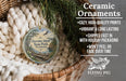 Ceramic ornaments, featuring a scenic image of Harstine Island State Park, Washington, with a wicker basket and greenery in the background.