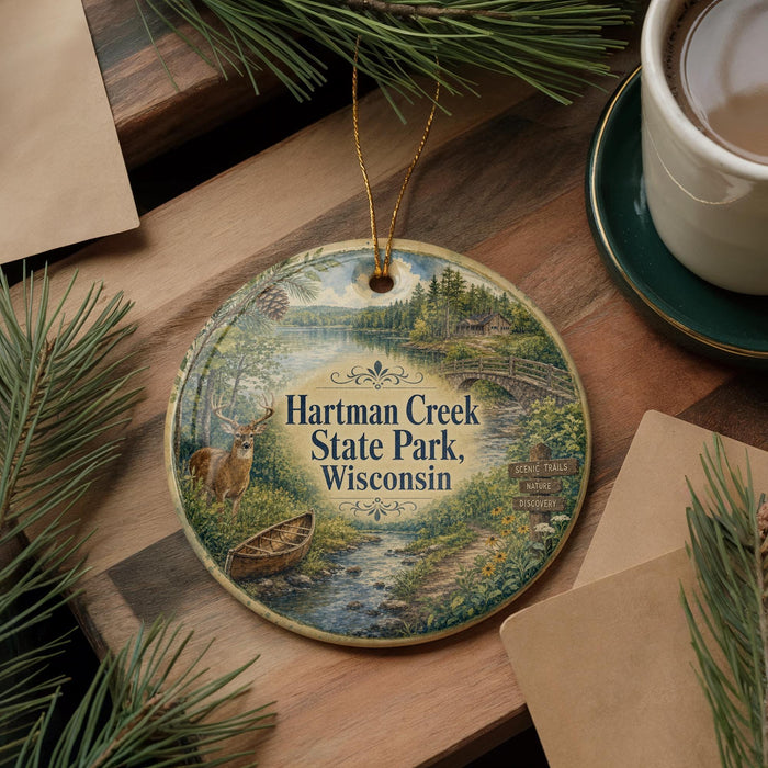 A decorative ornament featuring a scenic image of Hartman Creek State Park in Wisconsin, with a deer and a canoe in the foreground. The ornament is hanging on a wooden surface, surrounded by pine branches and a cup of coffee.
