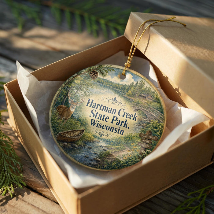 A decorative ornament in a wooden box, featuring a scenic image of Hartman Creek State Park in Wisconsin.