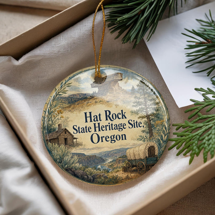 A decorative ornament with a scenic landscape and a wagon, featuring the text "Hat Rock State Heritage Site, Oregon".