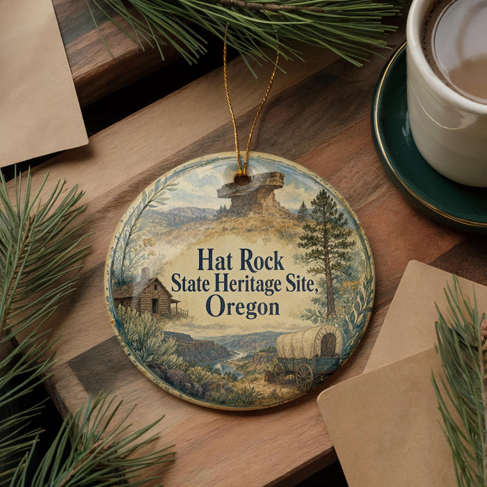 A decorative ornament with a scenic landscape and a wagon, featuring the text "Hat Rock State Heritage Site, Oregon".