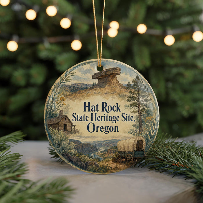 A round ornament with a scenic landscape featuring a cabin, wagon, and mountains, with the text "HAT ROCK State Heritage Site, Oregon" displayed on it.