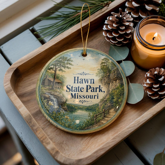 A wooden tray with a decorative ornament featuring a scenic landscape of Hawn State Park, Missouri, and pine cones.