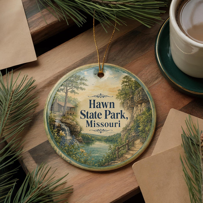 A round ornament with a scenic illustration of Hawn State Park, Missouri, hanging on a wooden surface.