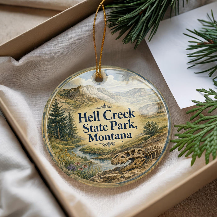 A round ornament with a landscape scene featuring Hell Creek State Park, Montana, hanging from a string.