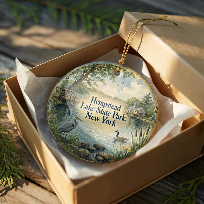 A decorative ornament in a brown box, featuring a scenic image of a lake and surrounding nature.